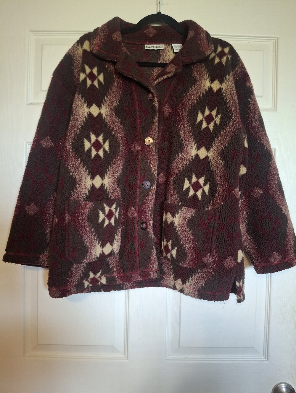 Sunbelt Burgundy and Cream Patterned Teddy Jacket